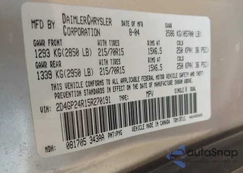 2005 Dodge Grand Caravan Se z USA, uszkodzony, nr VIN 2D4GP24R15R270191